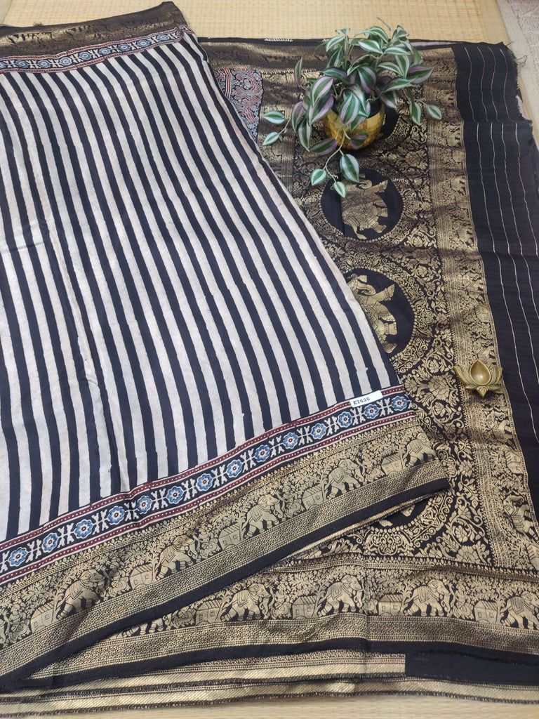 Ajrakh Tussar Silk Sarees #E7636